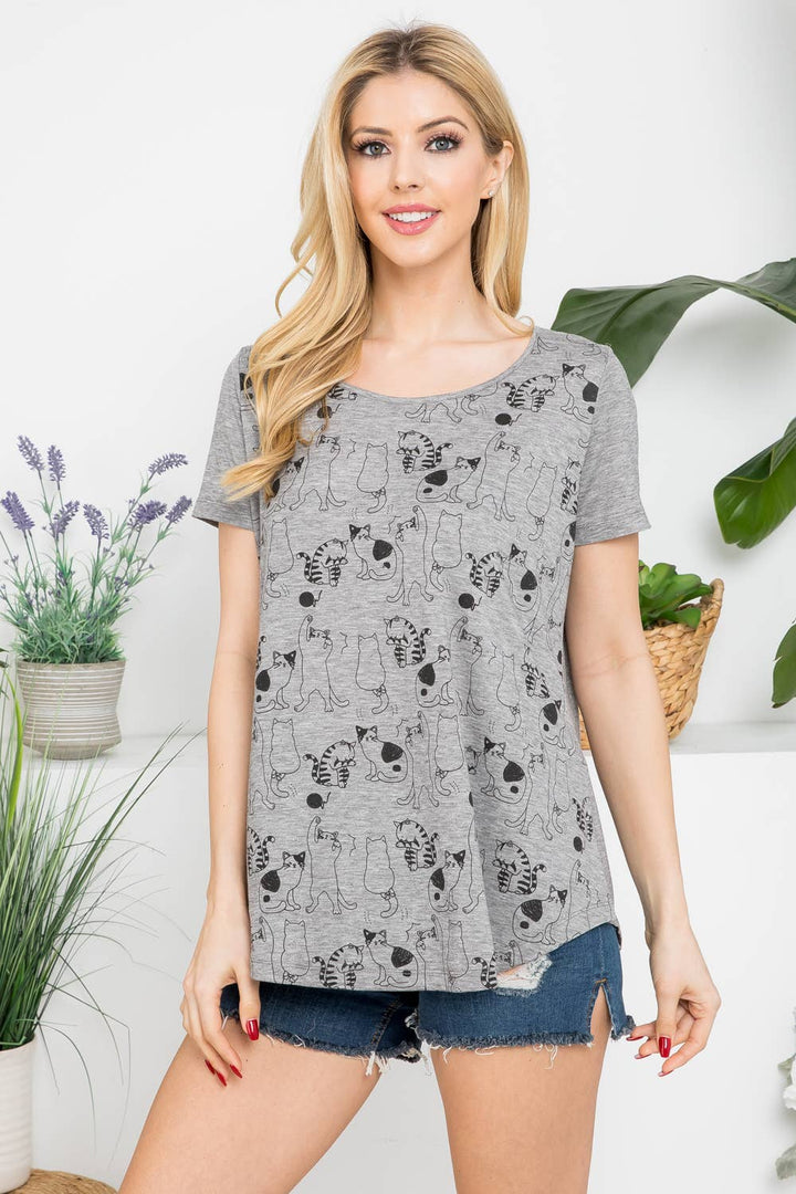 Dancing Cat Print SS Graphic Tee