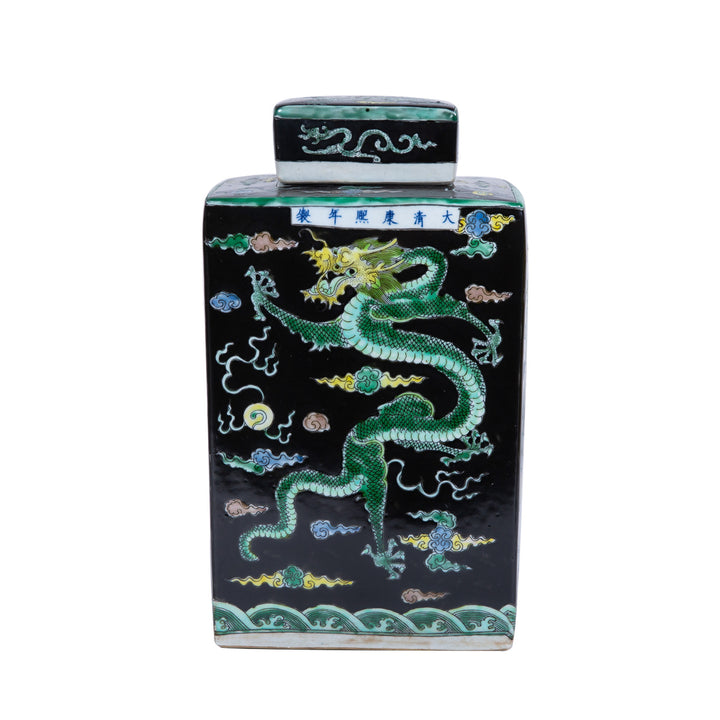 Black Square Porcelain Tea Jar Dragon Motif