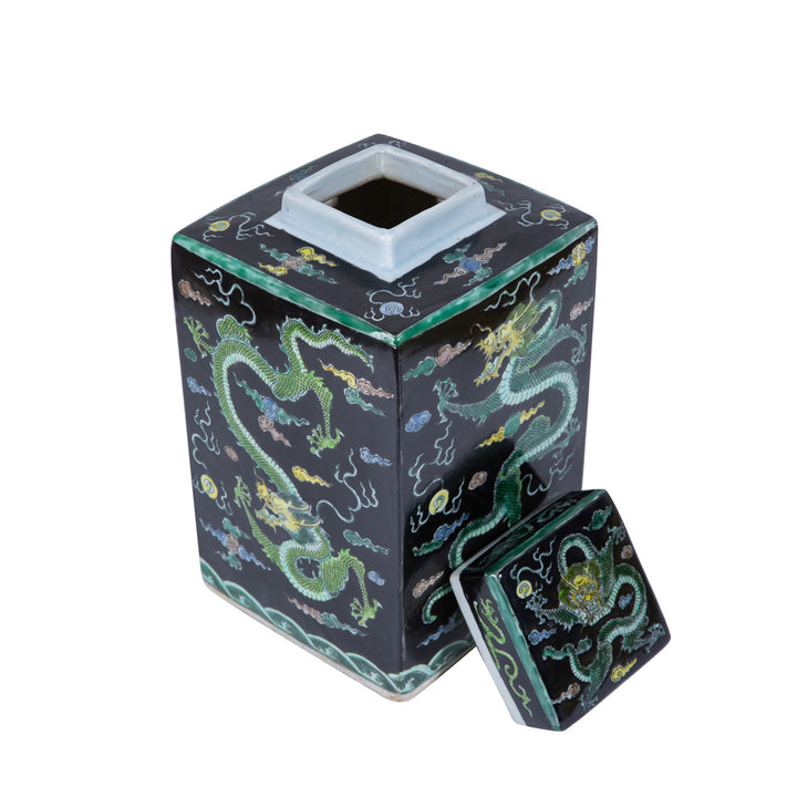 Black Square Porcelain Tea Jar Dragon Motif