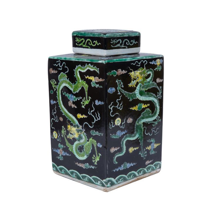 Black Square Porcelain Tea Jar Dragon Motif