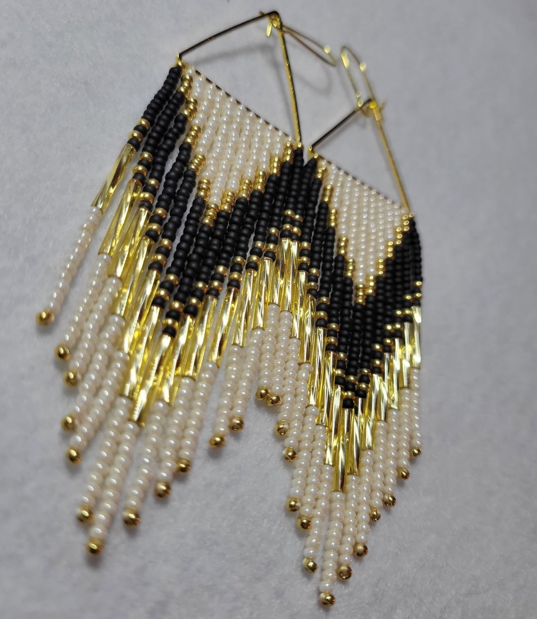 Black/Cream/Gold Fringe Beaded Earrings by Beadz by Dre