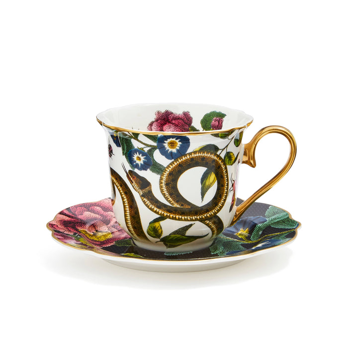 Creatures of Curiosity Dark Floral Teacup and Saucer: (Snake/Black)