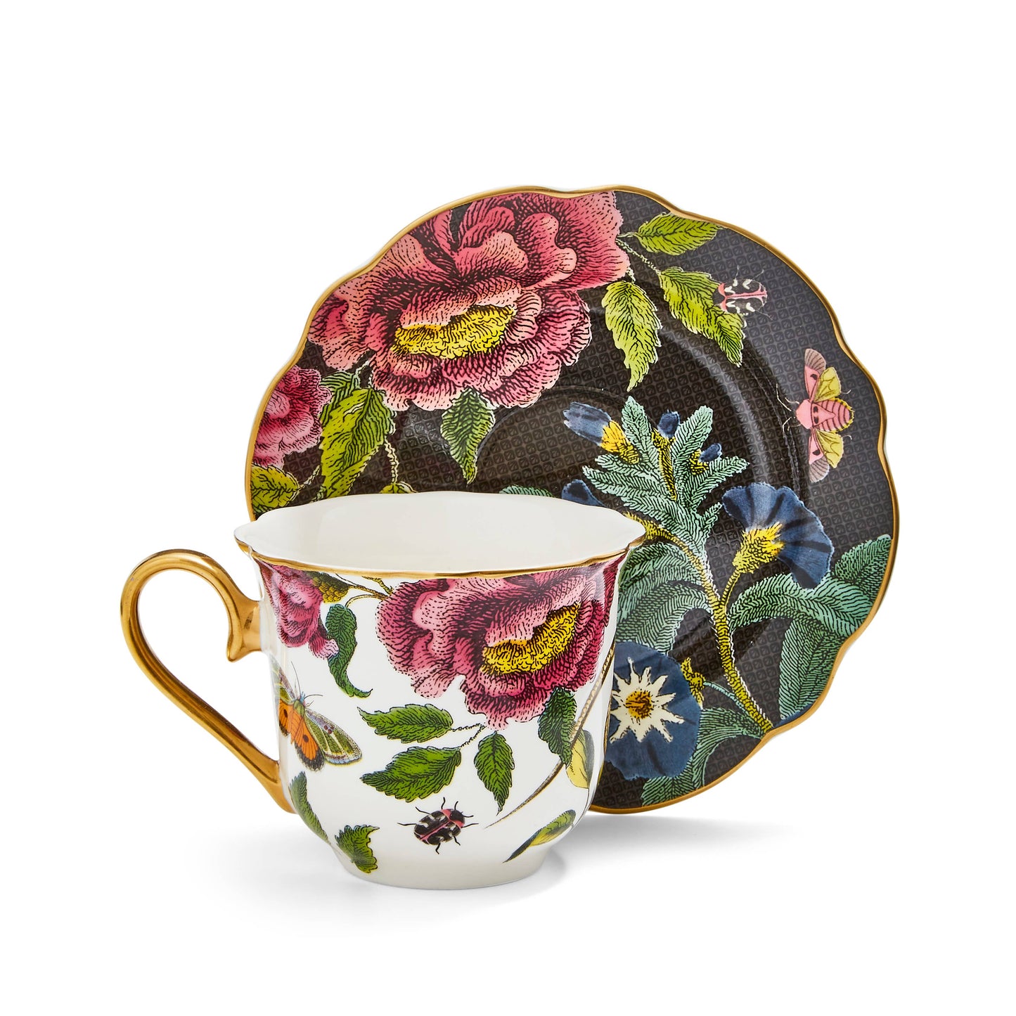 Creatures of Curiosity Dark Floral Teacup and Saucer: (Snake/Black)
