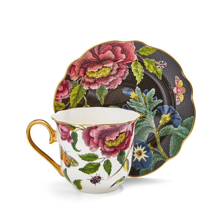 Creatures of Curiosity Dark Floral Teacup and Saucer: (Snake/Black)