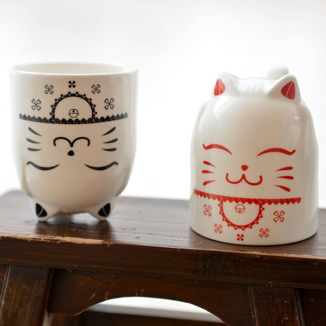 Ceramic Cat Mugs - Red and Black, Set of 2