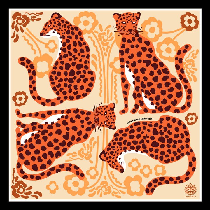 Silk Bandana Of Leopards With Floral Fountain