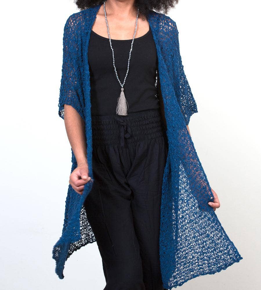 Kimono mi-long en maille Popcorn - Bleu marine