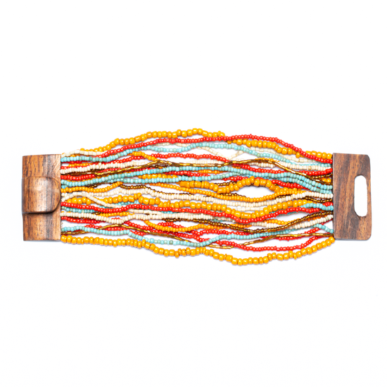Bracelet Perlé Multi Rangs Avec Fermoir En Bois Orange Multi