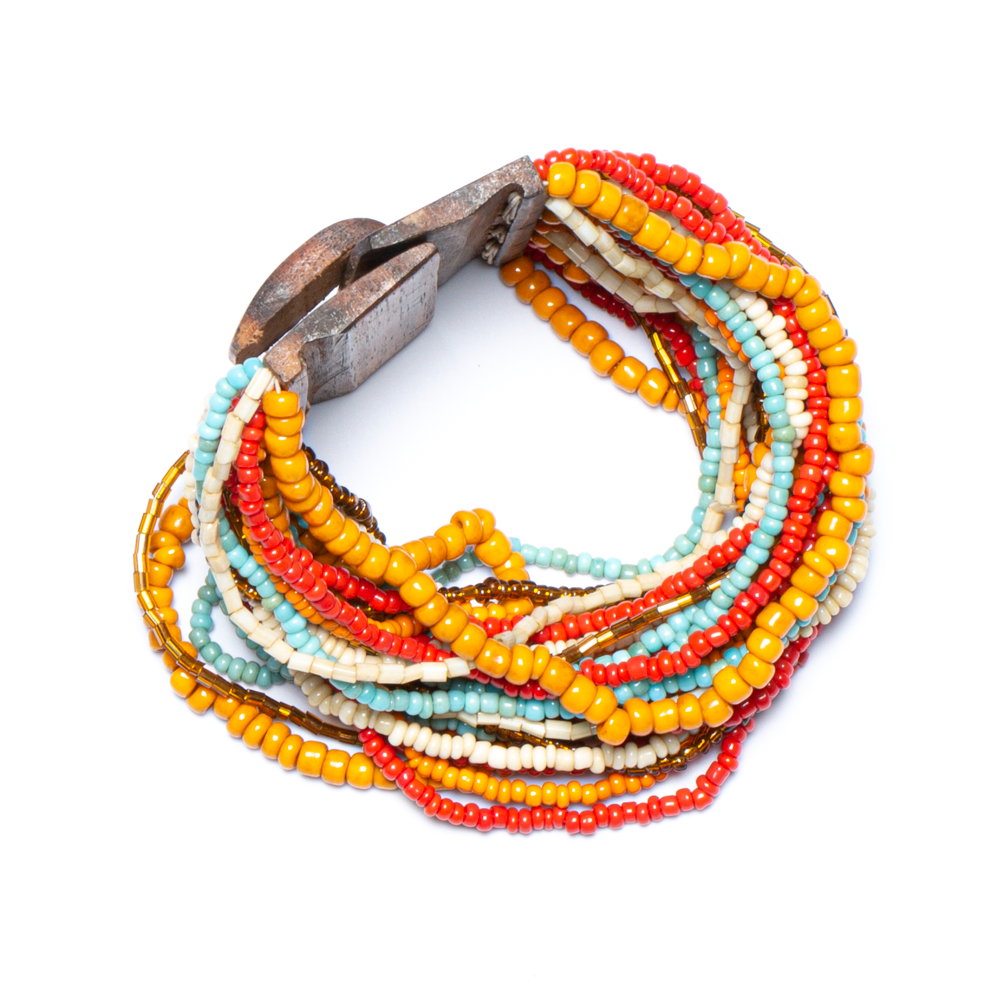 Bracelet Perlé Multi Rangs Avec Fermoir En Bois Orange Multi