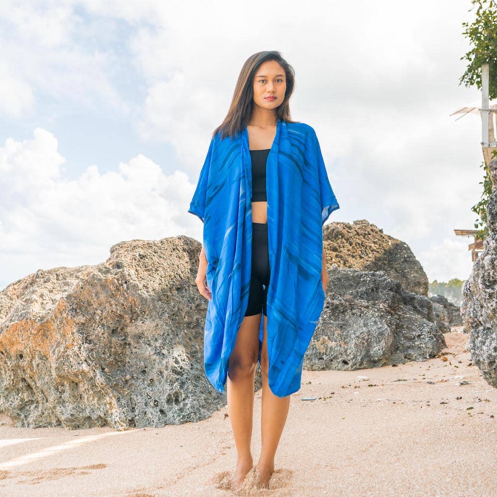 Abstract Tie Dye Mid Length Kimono - Blue