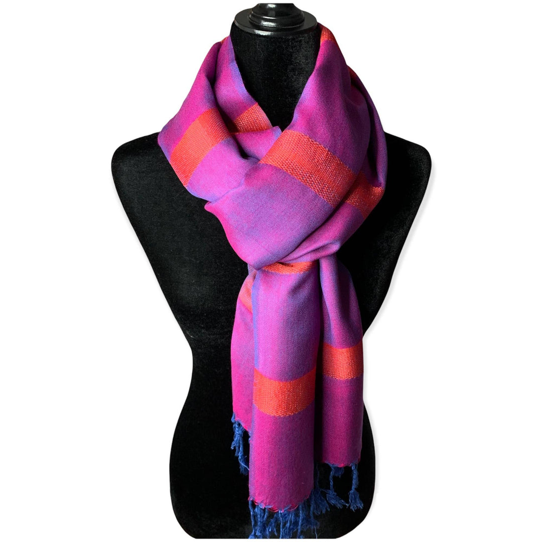 Echarpe Viscose Bambou Tissée Main Helyat - Fuchsia & Bleu