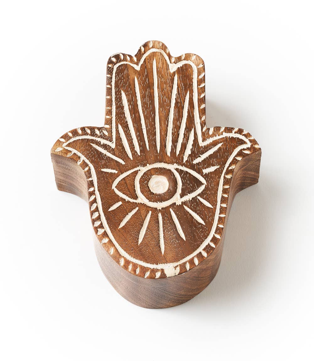 Boîte Hamsa en bois de manguier avec mauvais œil
