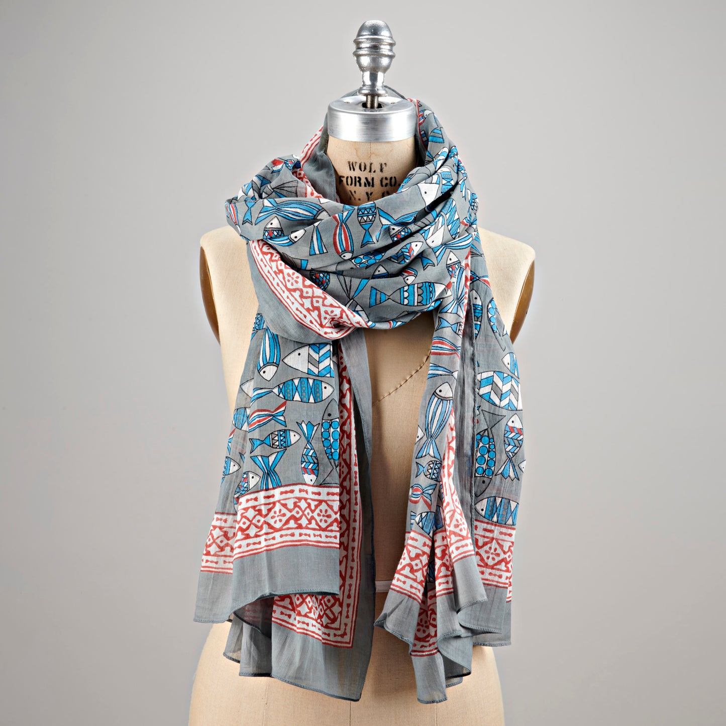Lavani Scarf/Sarong, Cotton-Indigo & Red Fish