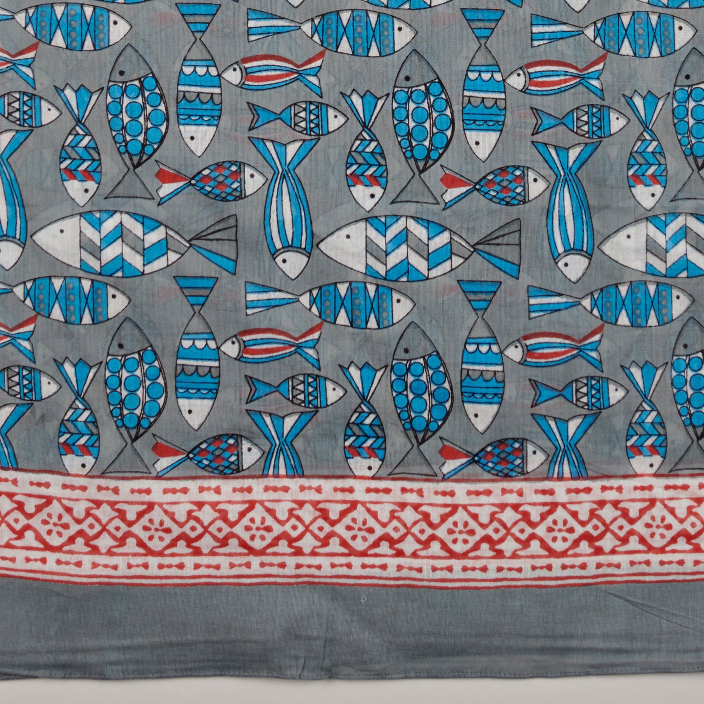 Lavani Scarf/Sarong, Cotton-Indigo & Red Fish