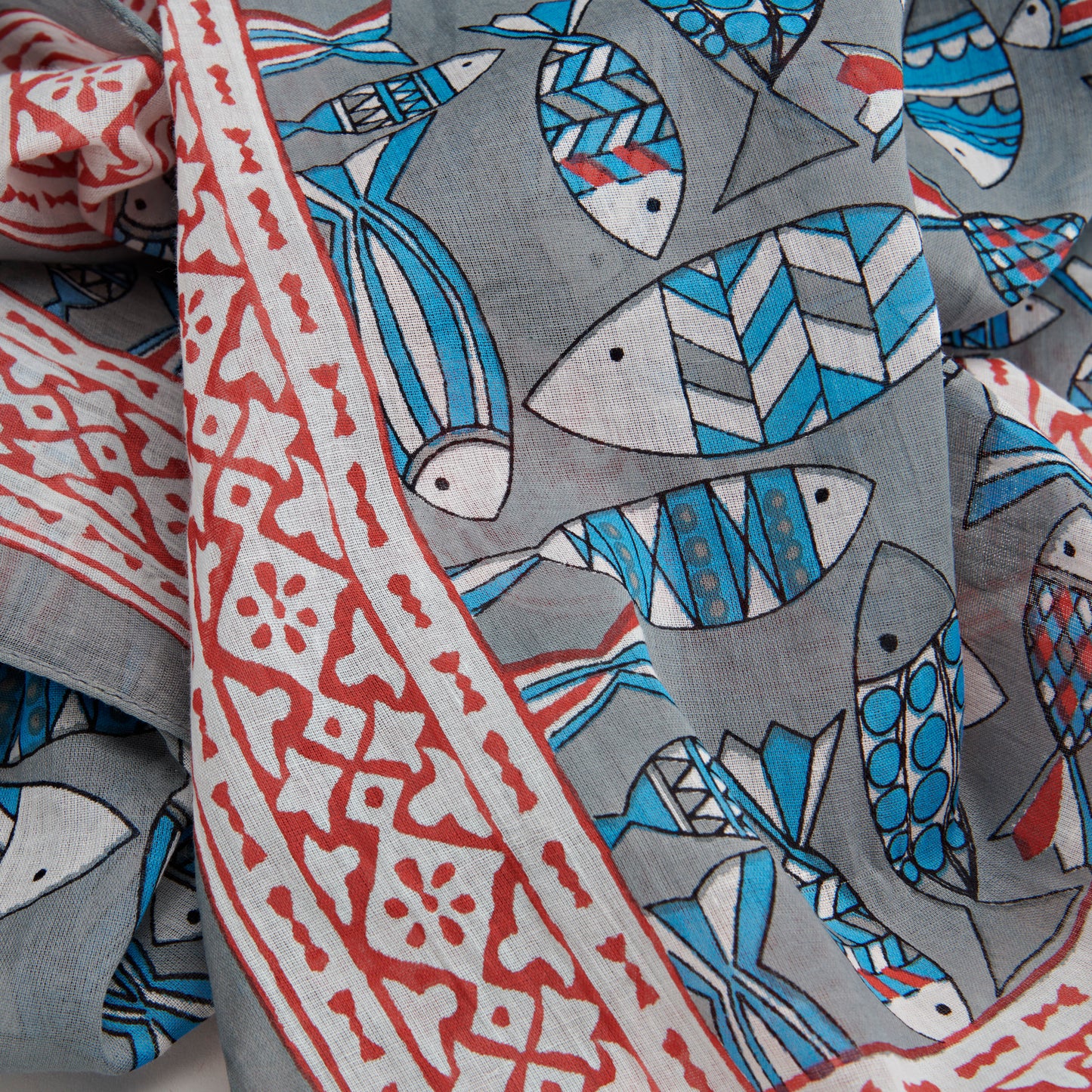 Lavani Scarf/Sarong, Cotton-Indigo & Red Fish