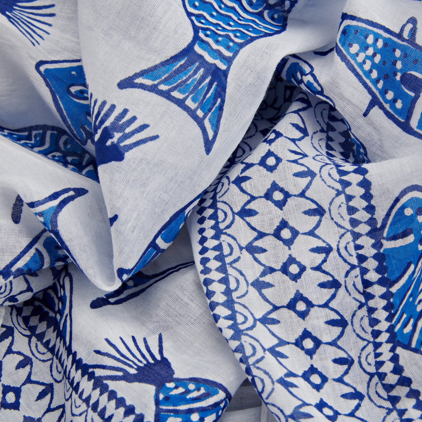 Echarpe/Paréo Lavani, Coton-Blanc & Poisson Bleu