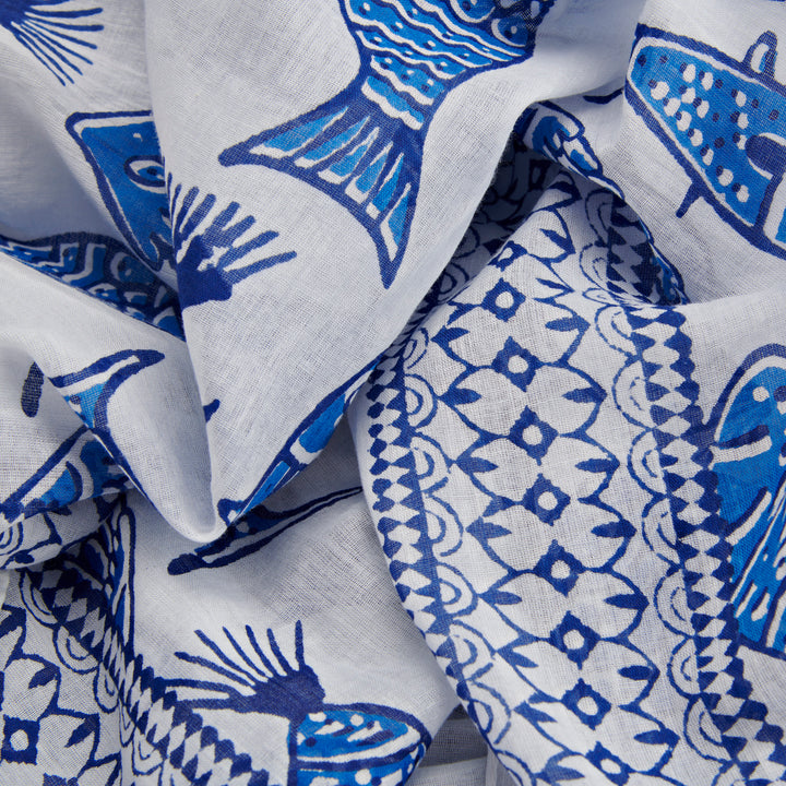 Echarpe/Paréo Lavani, Coton-Blanc & Poisson Bleu