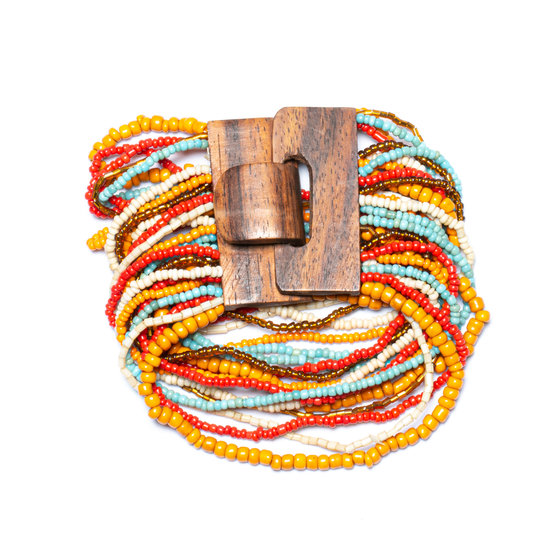 Bracelet Perlé Multi Rangs Avec Fermoir En Bois Orange Multi