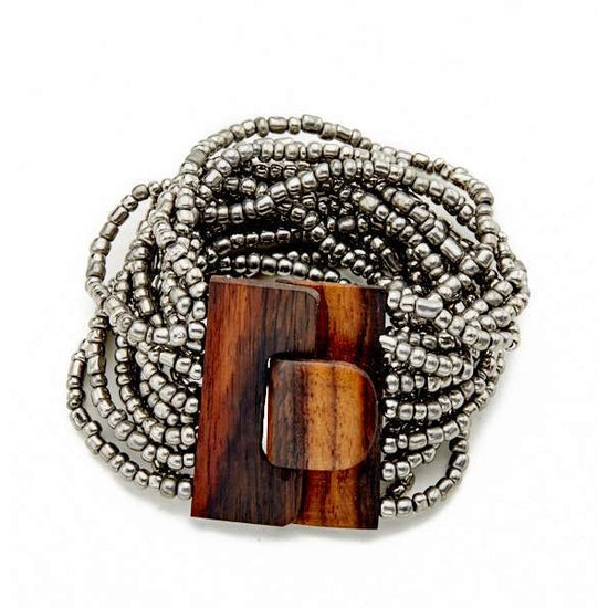 Bracelet Fermoir Bois Multi-rangs, Gris