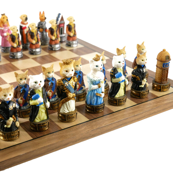 Chess Set - Cats & Dogs Resin Men on Walnut Maple Board