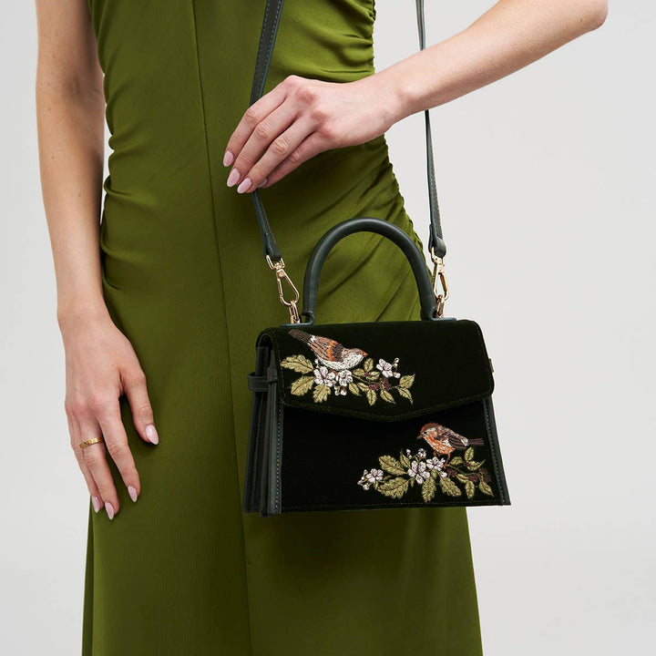 Eliza Wren Embroidered Top Handle Bag in Green Velvet