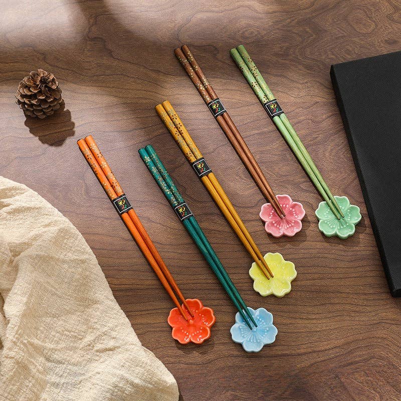Set of 5 Pairs of Japanese Golden Flowers Wooden Chopsticks and Rests