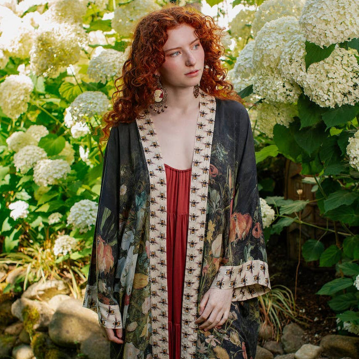I Dream In Flowers Opera Duster Kimono Robe with Bees