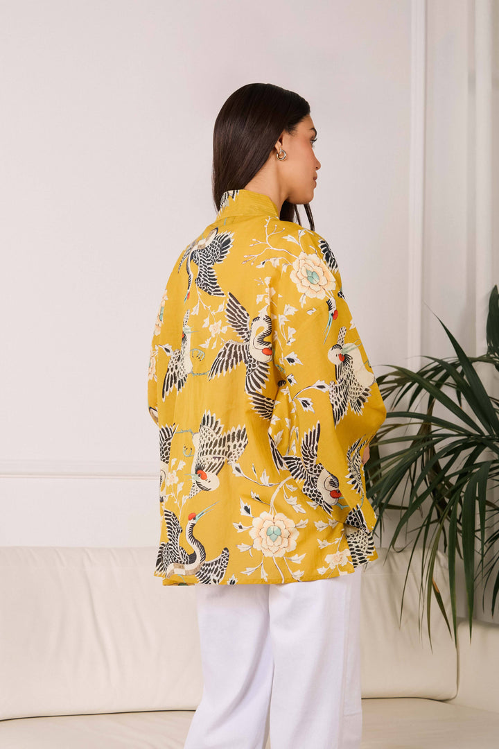 Mustard Dynastic Bird Print Light Weight Kimono