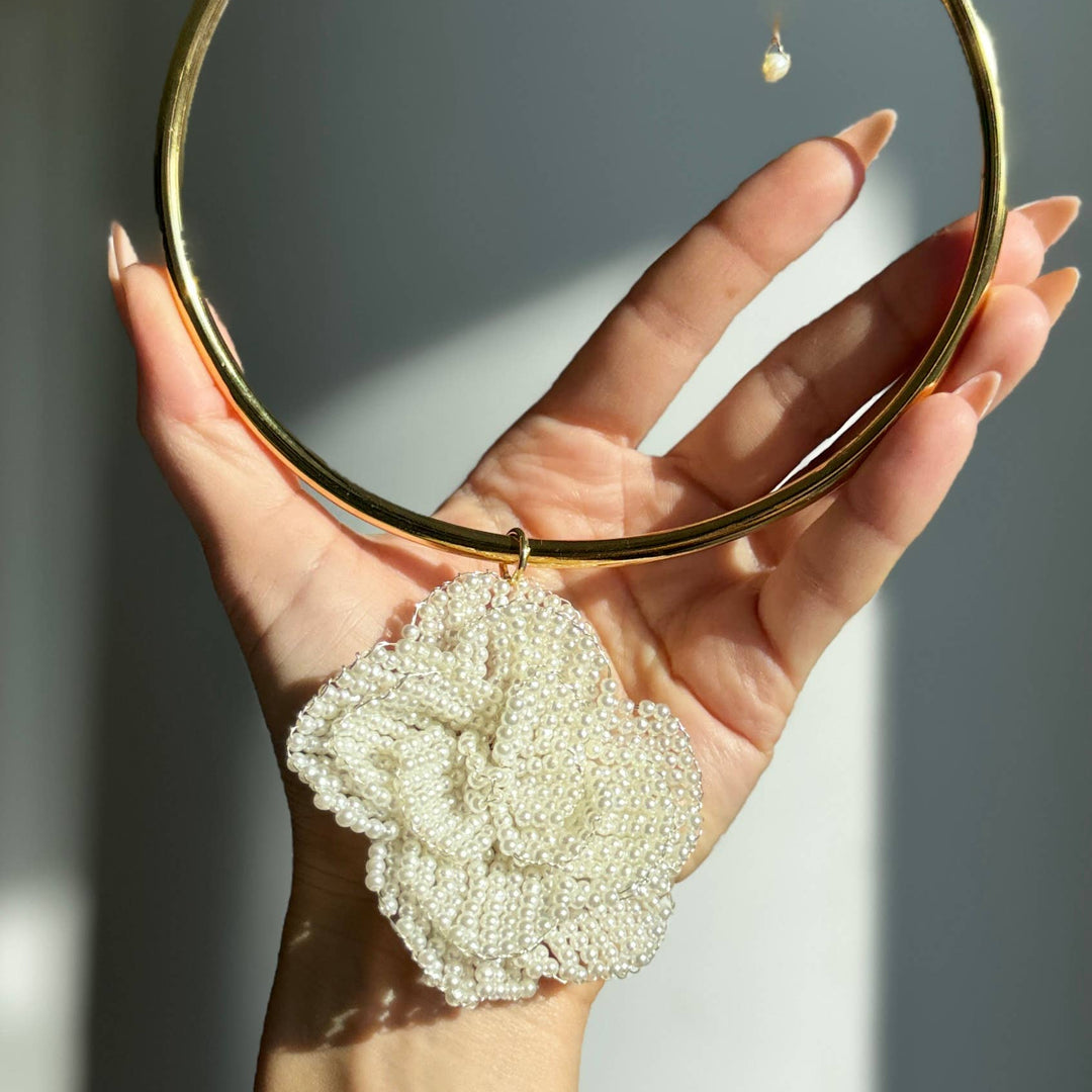 Genuine Pearl Beaded Floral Apliqué Choker
