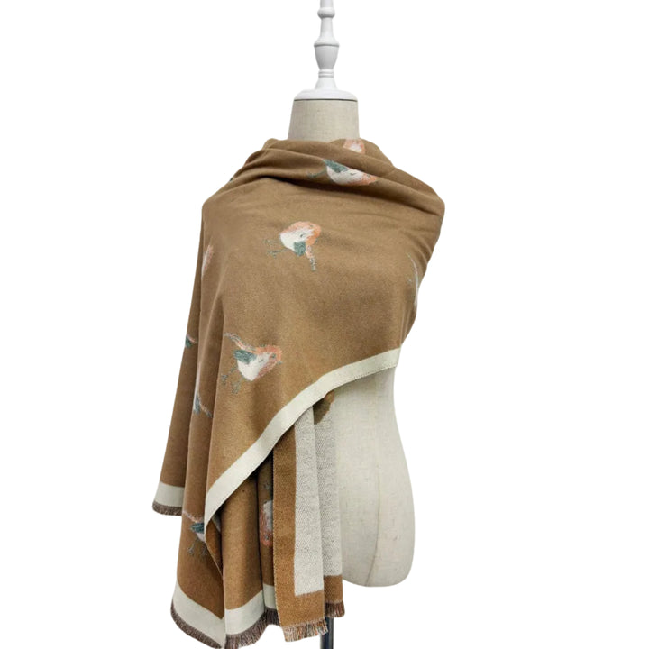 Robin Bird Print Wool Frayed Scarf