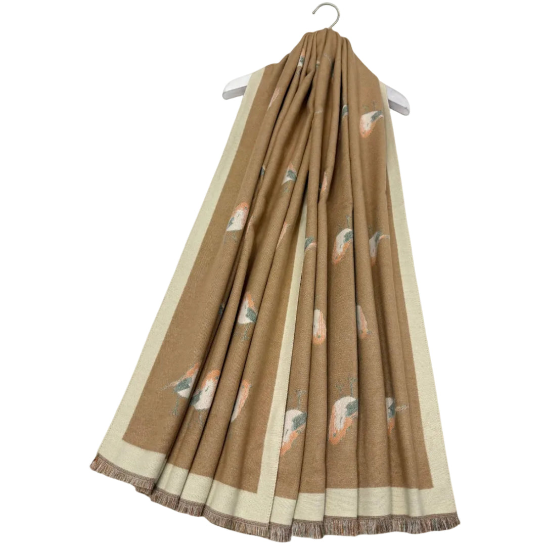 Robin Bird Print Wool Frayed Scarf