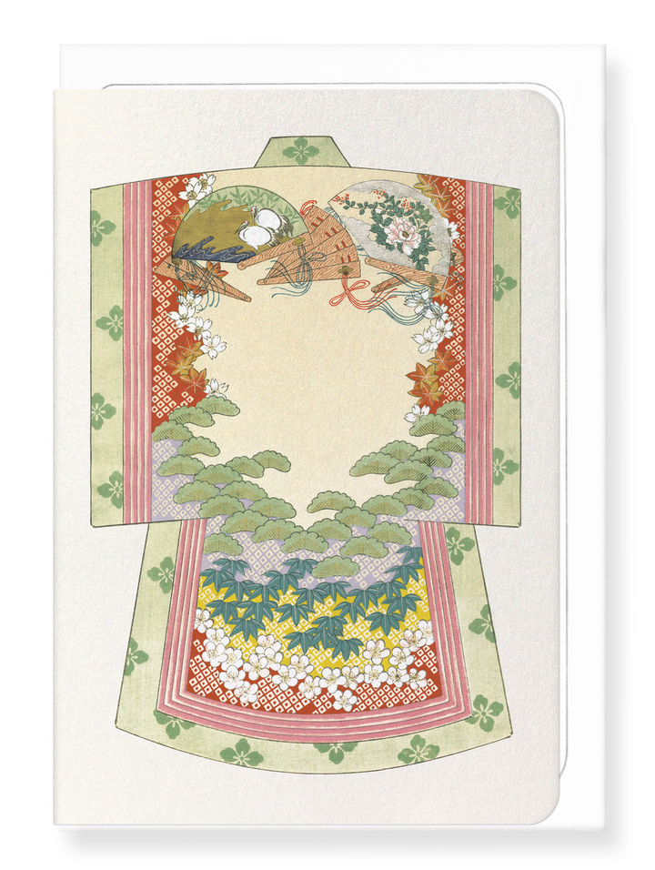 KIMONO OF LUCKY SYMBOLS AND WOODEN FANS (1899): Japanese Greeting Card