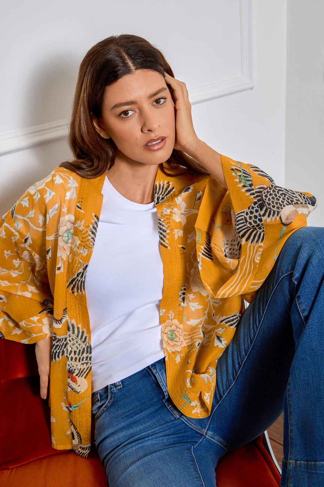 Mustard Dynastic Bird Print Light Weight Kimono
