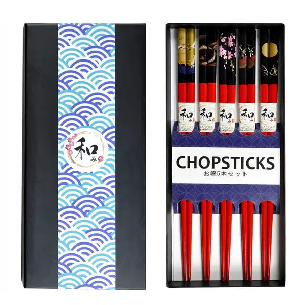5 Piece Chopsticks Set Nightscapes Red with Gift Box