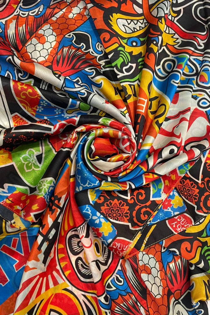 Japanese Cartoon Print Silk Scarf