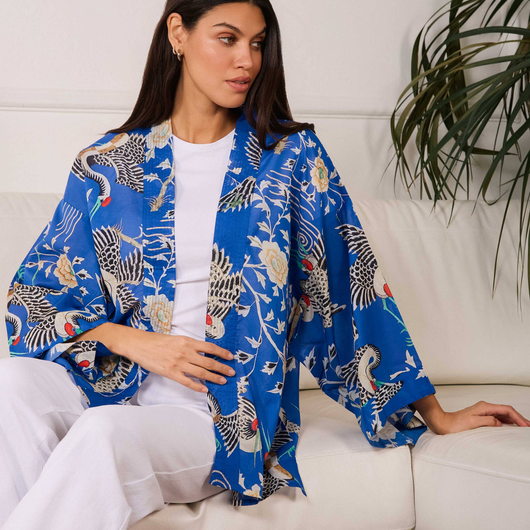 Electric Blue Dynastic Bird Print Light Weight Kimono