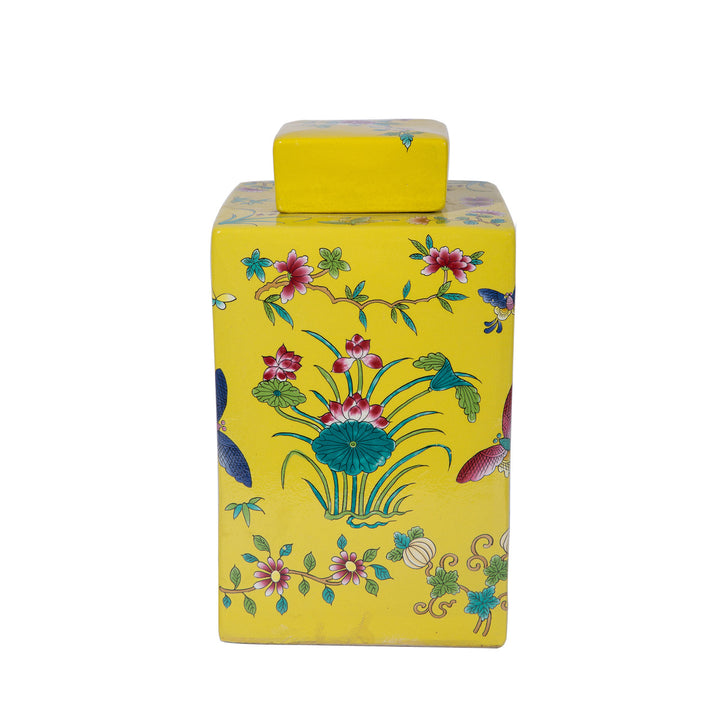 Yellow Square Tea Jar Lotus Motif