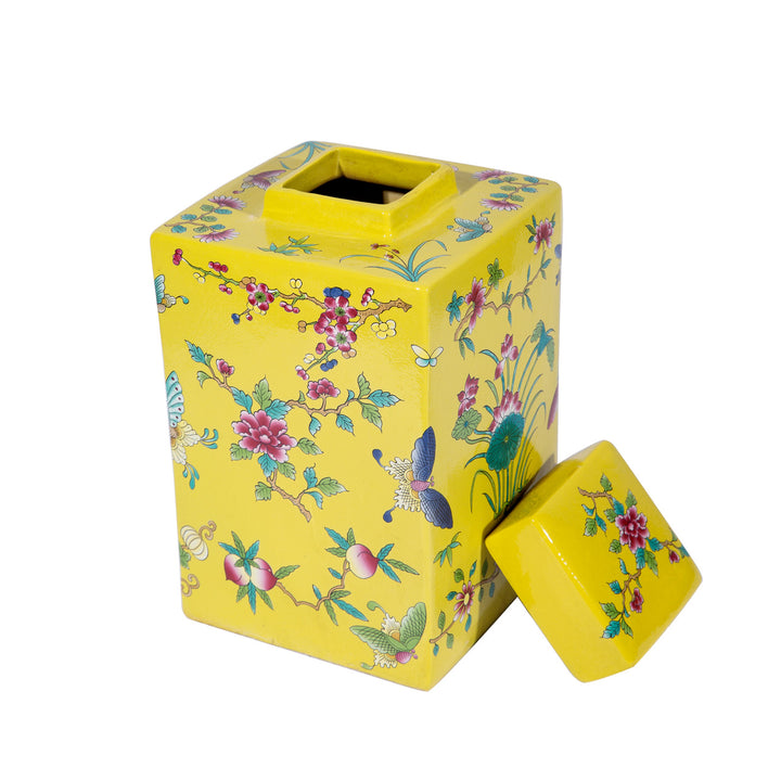 Yellow Square Tea Jar Lotus Motif