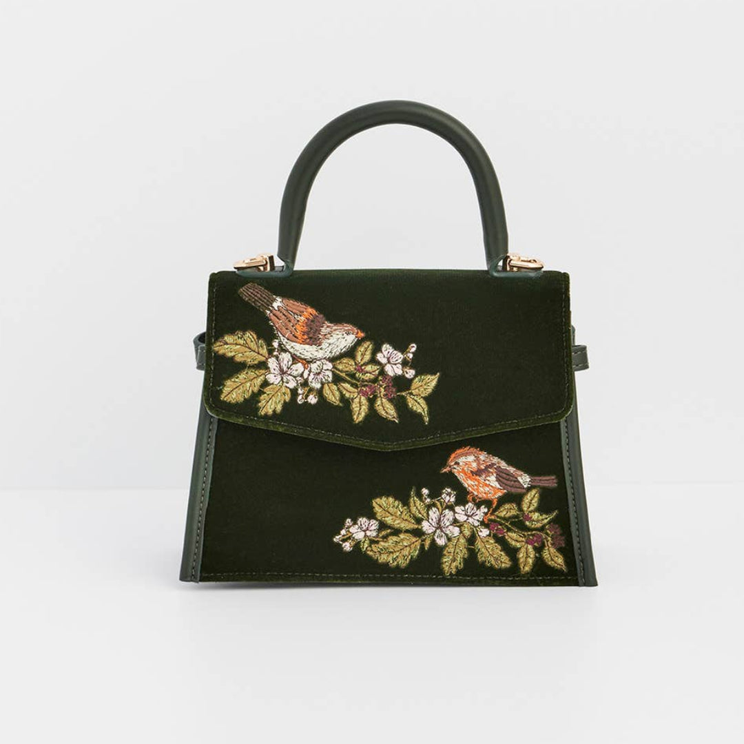 Eliza Wren Embroidered Top Handle Bag in Green Velvet