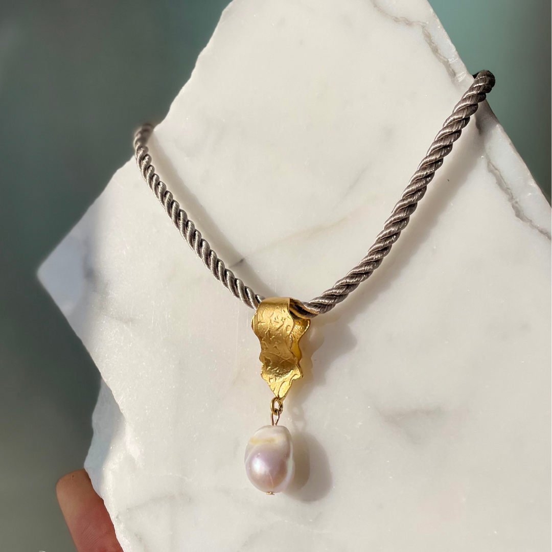 CLARITY Grey Silk Rope + Pearl Choker | Adjustable