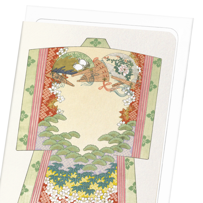 KIMONO OF LUCKY SYMBOLS AND WOODEN FANS (1899): Japanese Greeting Card