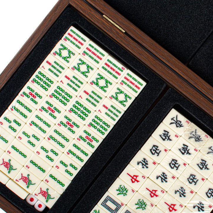 Premium Mahjong Tiles Set in Knitted Leather Wooden Case