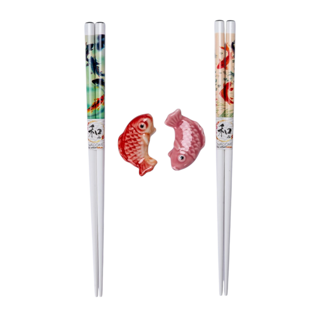 Japanese Koi Fish 2 Pair Chopsticks and Rests Set
