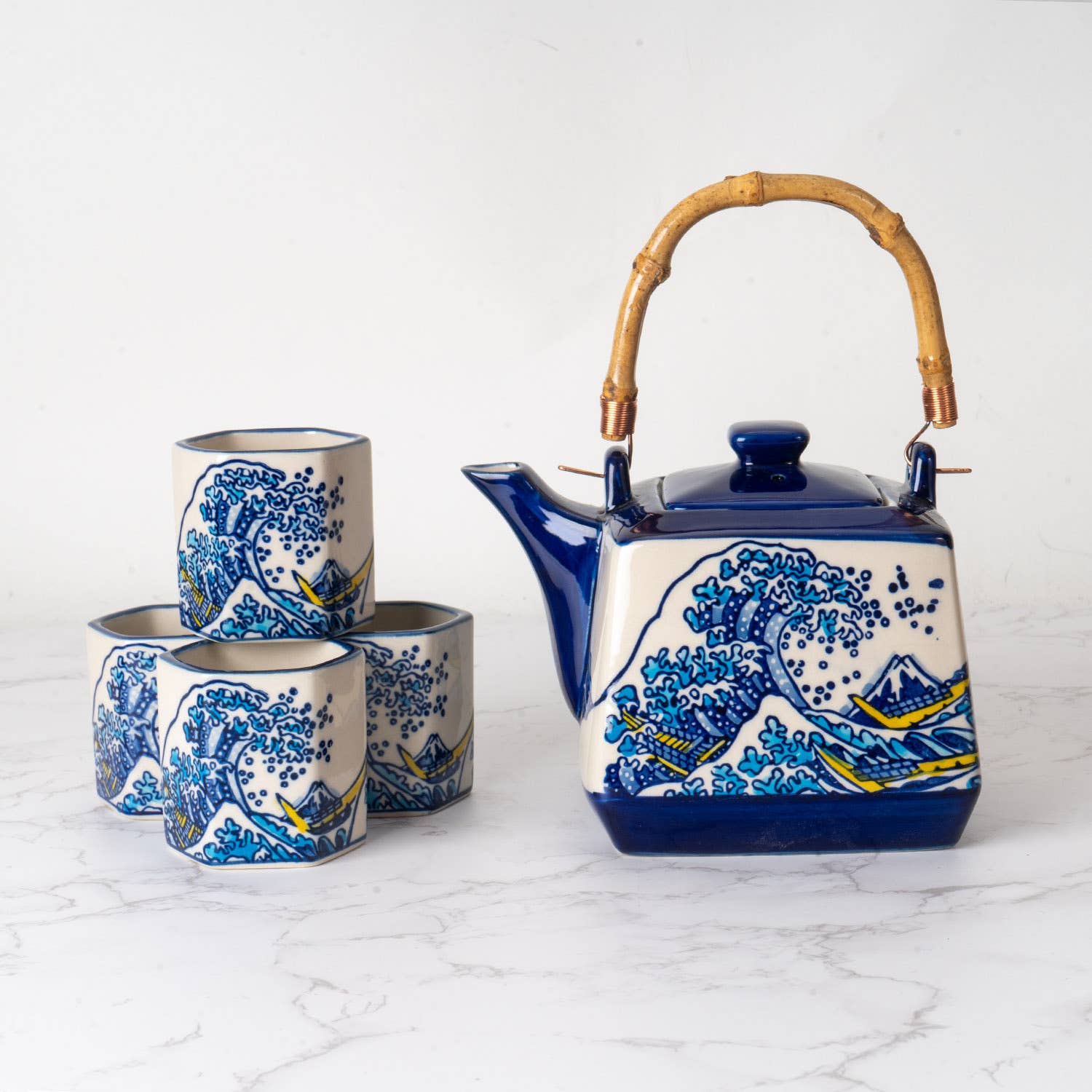 Great Wave Tea Set 20oz Tea Pot with 4 Hexagon Cups – ROM Boutique
