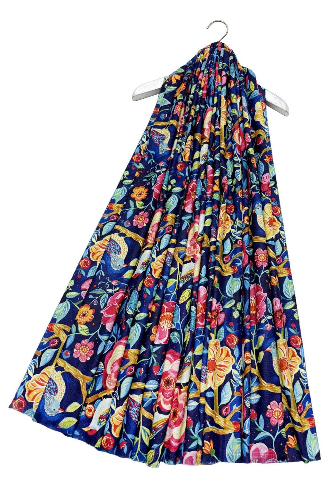 Enchanting Bird & Floral Print Wool Frayed Scarf