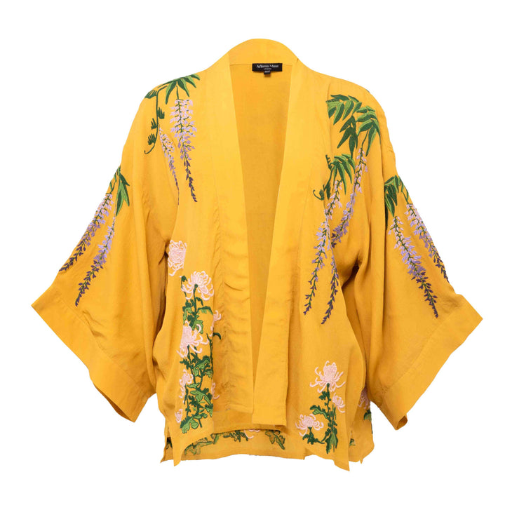 Wisteria & Chrysanthemum Embroidered Mustard Fully Lined Short Kimono