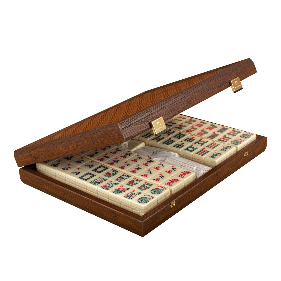 Premium Mahjong Tiles Set in Knitted Leather Wooden Case