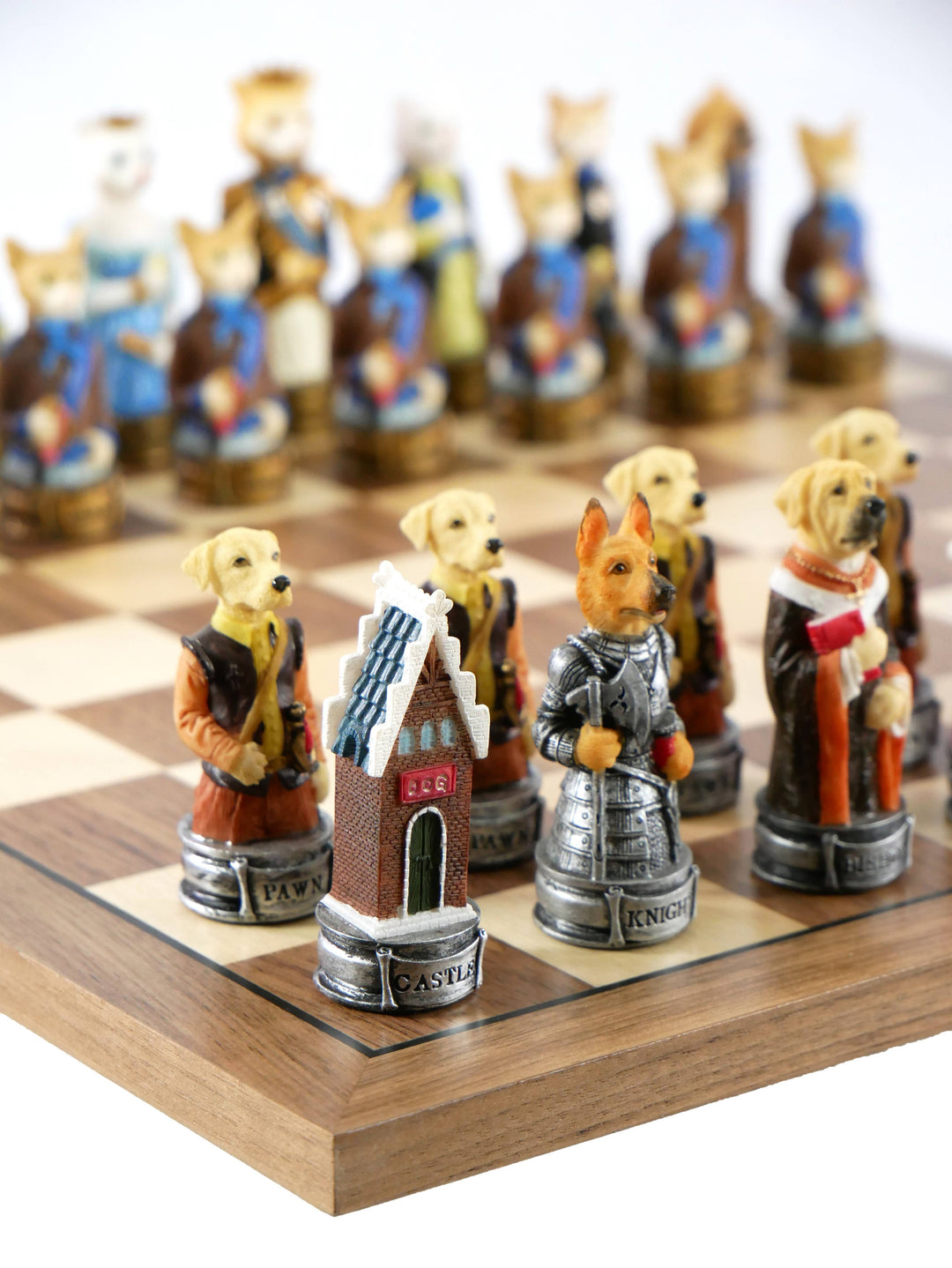 Chess Set - Cats & Dogs Resin Men on Walnut Maple Board