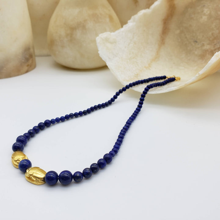Graduated Lapis Scarab Necklace - Egyptian Inspired