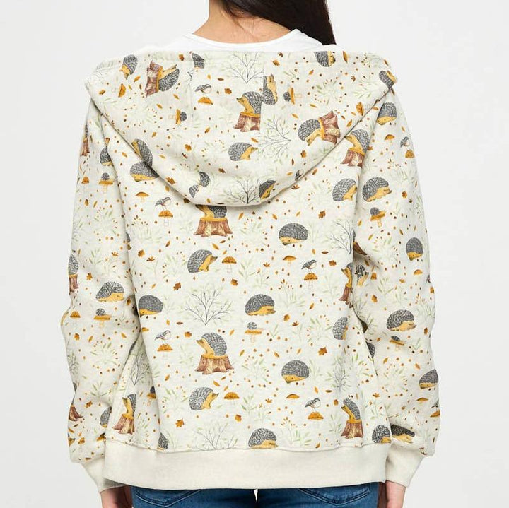 HEDGEHOG MUSHROOM PRINT ZIP UP HOODIE